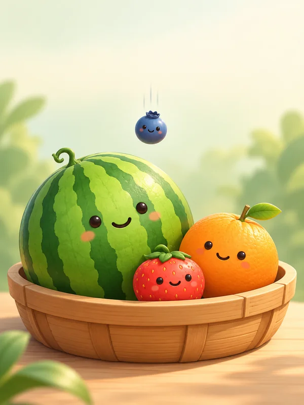 Smiling watermelon, orange and strawberry in Fruit Merge